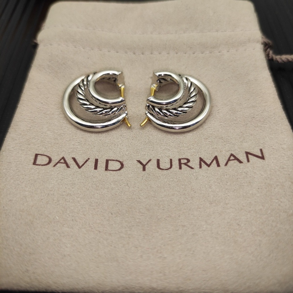 David Yurman Two-Tone Small Hoop Earrings in Silver and Gold Accents
